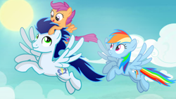 Size: 1280x720 | Tagged: safe, artist:mlplary6, rainbow dash, scootaloo, soarin', pegasus, pony, g4, boyfriend and girlfriend, female, filly, flying, foal, male, mare, ship:soarindash, shipping, siblings, sisters, smiling, stallion, straight, sun