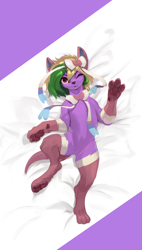 Size: 1700x3000 | Tagged: safe, artist:nsilverdraws, oc, oc only, oc:sparkleon, oc:sparkly breeze, hybrid, pony, sylveon, bedsheets, bow, dog ears, dog nose, female, hair bow, looking at you, mare, one eye closed, paw pads, paws, pokémon, ribbon, solo, tail, wink, winking at you