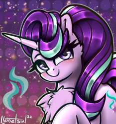 Size: 848x908 | Tagged: safe, artist:llametsul, starlight glimmer, pony, unicorn, blushing, chest fluff, colored, cute, female, glimmerbetes, looking at you, mare, signature, smiling, smiling at you, solo