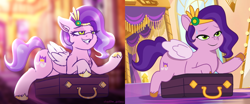 Size: 4800x2000 | Tagged: safe, artist:shad0w-galaxy, derpibooru exclusive, screencap, pipp petals, pegasus, pony, g5, my little pony: tell your tale, sisters take flight, spoiler:g5, spoiler:my little pony: tell your tale, spoiler:tyts01e03, chest fluff, ear fluff, female, folded wings, high res, lying down, mare, nervous, prone, scene interpretation, smiling, solo, suitcase, sweat, sweatdrop, that was fast, unshorn fetlocks, wings
