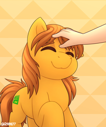 Size: 2000x2400 | Tagged: safe, artist:rivin177, oc, oc:zip circuit, earth pony, human, pony, hand, head pat, high res, pat, patting, pet, raised hoof, simple background, smiling, solo