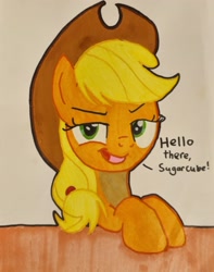 Size: 2335x2957 | Tagged: safe, artist:magicnova, derpibooru exclusive, applejack, earth pony, pony, g4, applejack's hat, cowboy hat, female, hat, high res, looking at you, mare, simple background, solo, sugarcube, talking to viewer, text, traditional art, white background