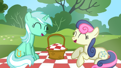 Size: 1280x720 | Tagged: safe, artist:mlplary6, bon bon, lyra heartstrings, sweetie drops, earth pony, pony, unicorn, g4, ^^, basket, bff, duo, eyes closed, female, friends, laughing, mare, picnic, picnic basket, picnic blanket
