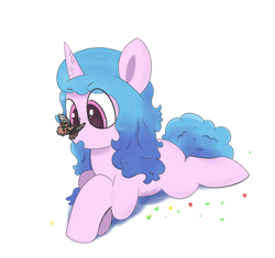 Size: 1482x1395 | Tagged: safe, artist:limitmj, izzy moonbow, butterfly, pony, unicorn, g5, butterfly on nose, cross-eyed, doodle, female, insect on nose, looking at something, lying down, mare, open mouth, prone, simple background, solo, three quarter view, white background