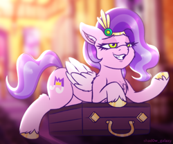 Size: 2400x2000 | Tagged: safe, artist:shad0w-galaxy, pipp petals, pegasus, pony, g5, my little pony: tell your tale, sisters take flight, spoiler:g5, spoiler:my little pony: tell your tale, spoiler:tyts01e03, chest fluff, ear fluff, female, folded wings, high res, lying down, mare, nervous, prone, scene interpretation, smiling, solo, suitcase, that was fast, unshorn fetlocks, wings
