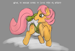 Size: 1081x739 | Tagged: safe, artist:auntiefrost, posey, earth pony, pony, g1, bow, diaper, diaper fetish, fetish, misspelling, non-baby in diaper, poofy diaper, simple background, tail, tail bow, text