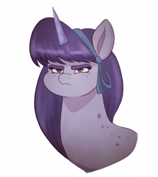 Size: 3500x3926 | Tagged: safe, artist:sallylla, oc, oc only, oc:mallow mist, pony, unicorn, g5, my little pony: a new generation, angry, bangs, bust, chubby, eyebrows, female, freckles, frown, hairband, high res, mare, portrait, simple background, solo, unamused, white background