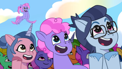 Size: 1316x740 | Tagged: safe, screencap, grassy hills, nightracer, paisley bluebell, plum library, sugarpuff lilac, earth pony, pegasus, pony, unicorn, g5, my little pony: tell your tale, sisters take flight, spoiler:g5, spoiler:my little pony: tell your tale, spoiler:tyts01e03, female, glasses, smiling, sparkly eyes, wingding eyes