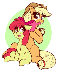 Size: 1697x2096 | Tagged: safe, artist:graphene, apple bloom, applejack, earth pony, pony, g4, abstract background, adorabloom, apple bloom's bow, apple sisters, applejack's hat, bow, cowboy hat, cute, duo, duo female, eye clipping through hair, eyebrows, eyebrows visible through hair, female, filly, foal, freckles, hair bow, happy, hat, hooves, jackabetes, mare, mouth hold, open mouth, open smile, siblings, simple background, sisters, sitting, smiling, white background
