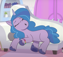 Size: 1592x1430 | Tagged: safe, screencap, izzy moonbow, pony, unicorn, g5, my little pony: tell your tale, nightmare roommate, spoiler:g5, spoiler:my little pony: tell your tale, spoiler:tyts01e04, couch, cropped, nap, sleeping, snoring, solo