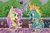 Size: 1800x1200 | Tagged: safe, artist:thescornfulreptilian, discord, fluttershy, rainbow dash, tianhuo (tfh), draconequus, dragon, hybrid, longma, pegasus, pony, them's fightin' herds, g4, bush, community related, discord is not amused, drink, female, fire, flutterhuo, food, glass, ice, ice cube, male, rainbow dash is not amused, snack, snacks, straw, talking, tea, unamused