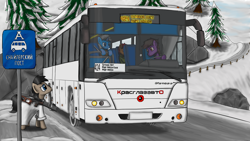 Size: 3840x2160 | Tagged: safe, artist:lekos_n, oc, oc only, earth pony, pony, unicorn, fallout equestria, bus, bus stop, cyrillic, high res, russian, translation request, weapon, winter
