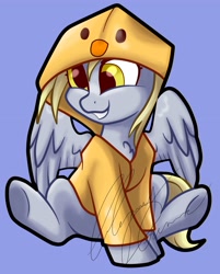 Size: 2890x3595 | Tagged: safe, artist:gleamydreams, derpy hooves, pegasus, pony, g4, belly, blue background, cute, derpabetes, female, grin, high res, mare, raincoat, rubber duck, simple background, sitting, smiling, solo