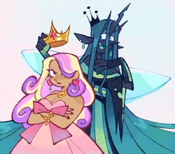 Size: 1305x1151 | Tagged: safe, artist:hoaxghost, princess cadance, queen chrysalis, changeling, human, g4, annoyed, bedroom eyes, belt, bracelet, breasts, busty princess cadance, cadance is not amused, chubby, clothes, crossed arms, crown, dark skin, dress, duo, ear piercing, earring, female, hair over one eye, heart, horn, horned humanization, humanized, infidelity, jewelry, lesbian, nail polish, necklace, open mouth, piercing, redraw, regalia, ship:cadalis, shipping, simple background, smiling, unamused, white background, winged humanization, wings