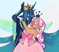 Size: 1305x1151 | Tagged: safe, artist:hoaxghost, princess cadance, queen chrysalis, changeling, human, g4, accessory swap, annoyed, bedroom eyes, belt, bracelet, breasts, busty princess cadance, chubby, clothes, crossed arms, crown, dark skin, dress, duo, ear piercing, earring, female, grin, hair over one eye, heart, horn, horned humanization, humanized, infidelity, jewelry, lesbian, looking at each other, looking at someone, nail polish, necklace, piercing, redraw, regalia, ship:cadalis, shipping, simple background, smiling, tsundere, white background, winged humanization, wings