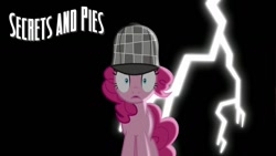 Size: 1280x720 | Tagged: safe, artist:detectivefrankie, pinkie pie, earth pony, pony, g4, secrets and pies, black background, deerstalker, detective, hat, lightning, sherlock holmes, sherlock pie, simple background, solo, title