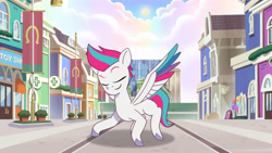 Size: 3410x1920 | Tagged: safe, screencap, zipp storm, pegasus, pony, g5, my little pony: tell your tale, zipp gets her wings, spoiler:g5, spoiler:my little pony: tell your tale, eyes closed, female, high res, mare, smiling, solo, spread wings, wings