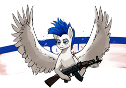 Size: 3120x2200 | Tagged: safe, artist:neither, oc, oc only, pegasus, pony, ak-47, assault rifle, gun, high res, nation ponies, novgorod, pegasus oc, ponified, rifle, russia, sketch, weapon, white-blue-white flag