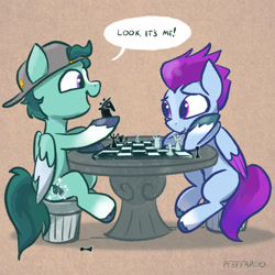 Size: 2048x2048 | Tagged: safe, artist:pfeffaroo, thunder flap, zoom zephyrwing, pegasus, pony, g5, cap, chess, colt, cute, cutiespark, duo, female, filly, foal, hat, high res, knight pony chess, male, table, younger