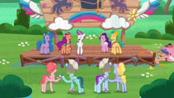 Size: 3410x1920 | Tagged: safe, screencap, berries (g5), fifi (g5), hitch trailblazer, izzy moonbow, pipp petals, sunny starscout, thunder flap, windy, zipp storm, zoom zephyrwing, earth pony, pegasus, pony, unicorn, g5, my little pony: tell your tale, zipp's flight school, spoiler:g5, spoiler:my little pony: tell your tale, spoiler:tyts01e02, banana, circling stars, dizzy, eyes closed, female, food, guardsmare, high res, hitch trailblazer is not amused, laughing, male, mane five, mane stripe sunny, mare, open mouth, open smile, pegasus royal guard, pineapple, puffy cheeks, royal guard, smiling, stallion, stifling laughter, unamused