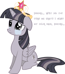 Size: 3378x3897 | Tagged: safe, artist:npm98, artist:wardex101, edit, twilight sparkle, alicorn, pony, g4, princess twilight sparkle (episode), big crown thingy, crying, cute, depressed, discorded, discorded twilight, element of magic, female, floppy ears, high res, jewelry, mare, regalia, sad, simple background, sitting, solo, text, transparent background, twiabetes, twilight sparkle (alicorn), twilight tragedy, vector