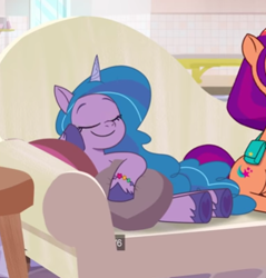 Size: 384x401 | Tagged: safe, screencap, izzy moonbow, sunny starscout, pony, unicorn, g5, my little pony: tell your tale, nightmare roommate, spoiler:g5, spoiler:my little pony: tell your tale, spoiler:tyts01e04, animation error, bracelet, couch, cropped, cute, female, horn, izzybetes, jewelry, mane stripe sunny, mare, nap, pillow, sleeping, sleepy, smiling