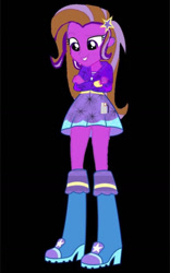 Size: 828x1324 | Tagged: safe, artist:greenmachine987, edit, oc, oc:cliffhanger moon, human, equestria girls, g4, black background, boots, clothes, clothes swap, high heel boots, hoodie, recolor, shirt, shoes, simple background, skirt, solo, trixie's clothes