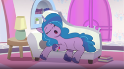 Size: 852x476 | Tagged: safe, screencap, izzy moonbow, pony, unicorn, g5, my little pony: tell your tale, nightmare roommate, spoiler:g5, spoiler:my little pony: tell your tale, bracelet, couch, cute, izzybetes, jewelry, nap, sleeping, snoring, solo