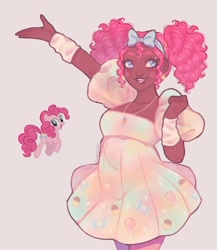 Size: 1080x1246 | Tagged: safe, artist:anemonaii, pinkie pie, human, g4, arm warmers, bow, candy, clothes, curly hair, cute, dark skin, diapinkes, dress, ear piercing, earring, female, food, hair bow, humanized, jewelry, necklace, piercing, pigtails, pose, simple background, solo