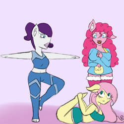 Size: 2048x2048 | Tagged: safe, artist:mintymelody, fluttershy, pinkie pie, rarity, anthro, g4, high res, yoga