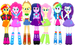 Size: 1146x697 | Tagged: safe, artist:jucamovi1992, artist:rupahrusyaidi, edit, edited screencap, editor:rupahrusyaidi, screencap, applejack, fluttershy, pinkie pie, rainbow dash, rarity, sunset shimmer, twilight sparkle, alicorn, equestria girls, background removed, belt, boots, bow, bowtie, bracelet, clothes, cowboy boots, cowboy hat, cropped, cutie mark on clothes, female, hairpin, hat, high heel boots, humane five, humane seven, humane six, jacket, jewelry, leather, leather jacket, legs, not a vector, shirt, shoes, simple background, skirt, socks, transparent background, twilight sparkle (alicorn)