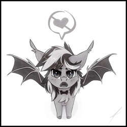 Size: 4784x4776 | Tagged: safe, artist:midnightflight, oc, oc only, oc:oldi filmes, bat pony, pony, absurd resolution, bat pony oc, bat wings, blushing, bowtie, cheek fluff, chest fluff, ear tufts, eyebrows, eyelashes, fangs, female, grayscale, heart, looking at you, mare, monochrome, open mouth, simple background, solo, speech bubble, spread wings, unshorn fetlocks, uvula, white background, wings