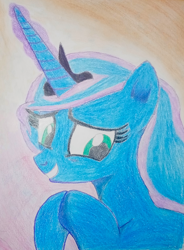 Size: 2058x2790 | Tagged: safe, artist:averkoswolf, derpibooru exclusive, princess luna, alicorn, pony, g4, colored pencil drawing, cute, eyebrows, eyelashes, female, glowing, glowing horn, grin, high res, horn, lunabetes, mare, smiling, solo, traditional art