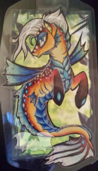 Size: 458x800 | Tagged: safe, artist:temrin, oc, oc only, hybrid, merpony, original species, seapony (g4), colored pupils, dorsal fin, female, fin wings, fins, fish tail, flowing tail, gem, gills, logo, mare, scales, smiling, solo, tail, watermark, wings, yellow eyes, yellow mane