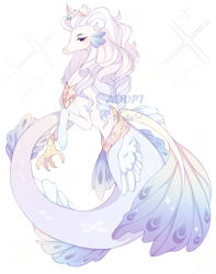 Size: 3000x3800 | Tagged: safe, artist:uni-honey, oc, oc only, draconequus, hybrid, original species, seapony (g4), adoptable, claws, commission, crown, dorsal fin, feather, female, fins, fish tail, flowing tail, fusion, high res, jewelry, lidded eyes, looking at you, peytral, pink mane, regalia, simple background, solo, sparkles, tail, watermark, wings