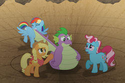 Size: 5000x3336 | Tagged: safe, artist:aleximusprime, applejack, cup cake, rainbow dash, spike, dragon, earth pony, pegasus, pony, fanfic:let my ponies go, flurry heart's story, g4, absurd resolution, applejack's hat, bandana, comforting, cowboy hat, eyes closed, fat, fat spike, female, frown, glasses, group, hand on belly, hat, let my ponies go, male, mare, mouth hold, older, older applejack, older rainbow dash, open mouth, quartet, raised hoof, ruins, smiling, spread wings, stuck, too fat to fit, wing pull, winged spike, wings