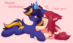 Size: 3509x2073 | Tagged: safe, artist:airiniblock, oc, oc only, oc:airi, oc:vajr, bat pony, pony, unicorn, cute, duo, female, happy birthday, high res, kissing, male, oc x oc, shipping, straight, vairi