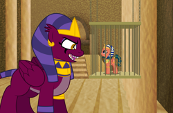 Size: 2462x1606 | Tagged: safe, artist:aleximusprime, somnambula, the sphinx, pegasus, pony, sphinx, fanfic:let my ponies go, flurry heart's story, g4, anatankha, cage, duo, duo female, egyptian, egyptian headdress, egyptian pony, evil smile, female, grin, imprisoned, let my ponies go, mare, ruins, sharp teeth, smiling, teeth