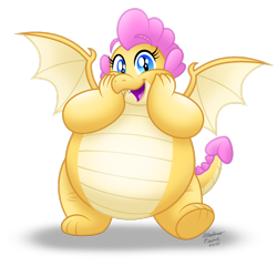 Size: 1920x1842 | Tagged: safe, artist:aleximusprime, oc, oc only, oc:buttercream, oc:buttercream the dragon, dragon, :d, adorafatty, cute, cute little fangs, dragon oc, dragon wings, dragoness, fangs, fat, female, hands on cheeks, happy, looking at you, ocbetes, open mouth, open smile, simple background, smiling, solo, spread wings, transparent background, wings
