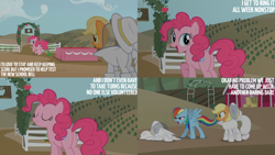 Size: 4400x2475 | Tagged: safe, edit, edited screencap, editor:quoterific, screencap, applejack, pinkie pie, rainbow dash, alligator, earth pony, pegasus, pony, castle mane-ia, g4, season 4, eyes closed, female, hazmat suit, male, mare, open mouth, open smile, smiling, spread wings, sweet apple acres, text, wings