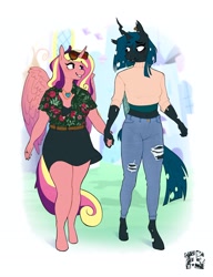 Size: 3151x4096 | Tagged: safe, artist:fizzlesoda2000, princess cadance, queen chrysalis, alicorn, changeling, changeling queen, anthro, unguligrade anthro, g4, blouse, clothes, female, holding hands, infidelity, jeans, lesbian, pants, ship:cadalis, shipping, skirt, smiling, sunglasses, sweater, torn clothes, turtleneck