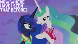 Size: 1920x1080 | Tagged: safe, edit, edited screencap, editor:quoterific, screencap, princess celestia, princess luna, alicorn, pony, between dark and dawn, g4, season 9, bare hooves, clothes, duo, female, mare, open mouth, open smile, shirt, smiling, text