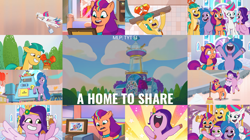 Size: 1968x1105 | Tagged: safe, edit, edited screencap, editor:quoterific, screencap, argyle starshine, hitch trailblazer, izzy moonbow, mcsnips-a-lot, pipp petals, sunny starscout, zipp storm, crab, earth pony, pegasus, pony, unicorn, a home to share, g5, my little pony: tell your tale, spoiler:g5, spoiler:my little pony: tell your tale, spoiler:tyts01e01, bipedal, cellphone, eyes closed, female, flying, glasses, male, mane five, mane stripe sunny, mare, nose in the air, open mouth, open smile, phone, selfie, smartphone, smiling, spread wings, stallion, text, volumetric mouth, wings