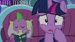 Size: 1920x1080 | Tagged: safe, edit, edited screencap, editor:quoterific, screencap, spike, twilight sparkle, alicorn, dragon, pony, amending fences, g4, season 5, book, duo, eyes closed, female, male, mare, open mouth, text, twilight sparkle (alicorn)