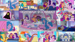 Size: 1974x1111 | Tagged: safe, edit, edited screencap, editor:quoterific, screencap, hitch trailblazer, izzy moonbow, pipp petals, sunny starscout, zipp storm, earth pony, pegasus, pony, unicorn, g5, my little pony: tell your tale, nightmare roommate, spoiler:g5, spoiler:my little pony: tell your tale, spoiler:tyts01e04, bed, couch, eyes closed, female, grin, magic, male, mane five, mane stripe sunny, mare, nervous, nervous smile, open mouth, open smile, shrunken pupils, smiling, spread wings, stallion, sweat, telekinesis, text, toothbrush, wings