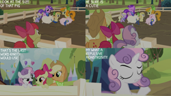 Size: 4400x2475 | Tagged: safe, edit, edited screencap, editor:quoterific, screencap, amethyst star, apple bloom, applejack, carrot top, dinky hooves, golden harvest, noi, sparkler, sweetie belle, earth pony, pig, pony, unicorn, g4, season 2, sisterhooves social, apple bloom's bow, apple sisters, applejack's hat, bow, cowboy hat, eyes closed, female, filly, foal, hair bow, hat, mare, siblings, sisters, smiling, text
