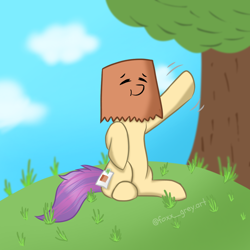 Size: 1280x1280 | Tagged: safe, artist:foxx_grey.art, oc, oc only, oc:paper bag, earth pony, pony, cloud, earth pony oc, fake cutie mark, grass, raised hoof, solo, tree