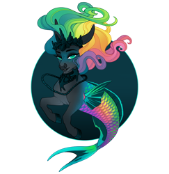 Size: 882x906 | Tagged: safe, artist:queerly, oc, oc only, hybrid, merpony, seapony (g4), adoptable, crown, ear fluff, eyelashes, female, fins, fish tail, flowing mane, green eyes, jewelry, lidded eyes, looking at you, mare, mermaid tail, multicolored hair, necklace, pearl necklace, regalia, simple background, smiling, solo, tail, transparent background