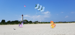 Size: 1366x646 | Tagged: safe, artist:davidsfire, artist:jeatz-axl, artist:paganmuffin, artist:thedoubledeuced, pinkie pie, starlight glimmer, sunset shimmer, earth pony, pony, unicorn, g4, beach, cartoon physics, female, flying, irl, kite, looking up, mare, open mouth, photo, pinkie being pinkie, pinkie physics, ponies in real life, raised hoof, smiling, that pony sure does love kites, trio, trio female