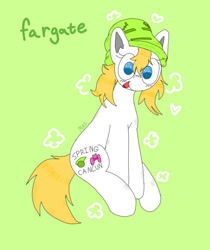 Size: 819x976 | Tagged: safe, artist:carcinisation, oc, oc only, oc:fargate, earth pony, pony, aqua teen hunger force, beanie, digital art, hat, ignignokt, looking at you, open mouth, open smile, simple background, sitting, smiling, smiling at you, solo, yellow background